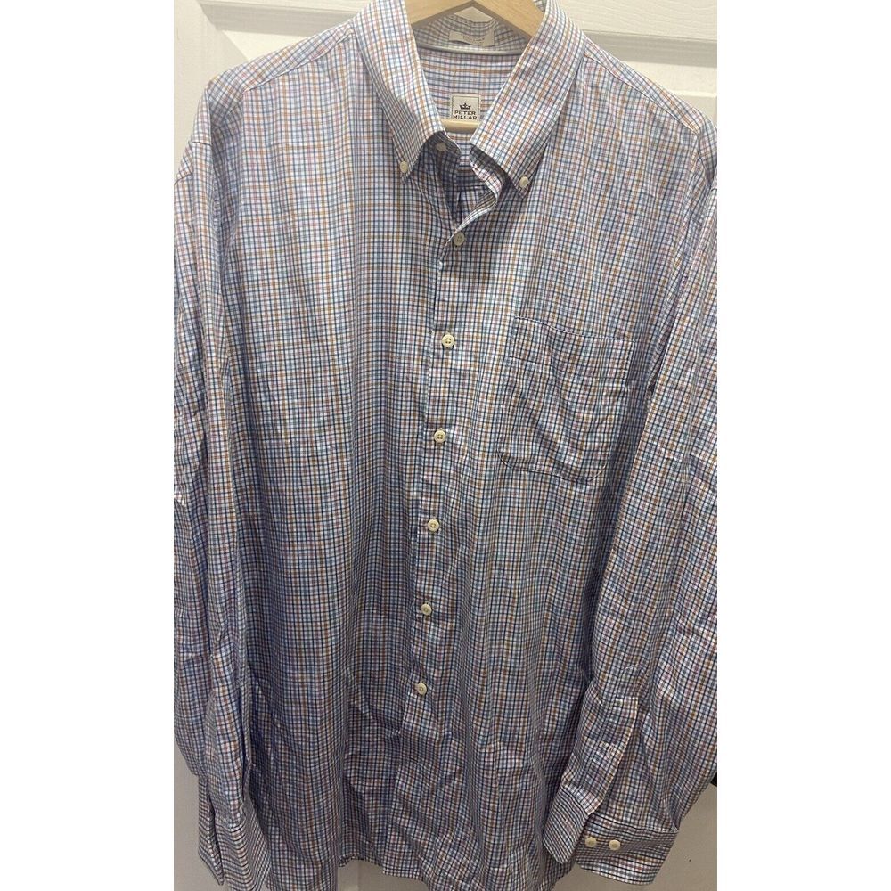 Peter Millar Shirt Button Down Multicolor Plaid Long Sleeve Pocket Men's XL